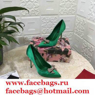 Dolce  &  Gabbana Heel 10.5cm Satin Pumps Green with Crystal Bow 2021